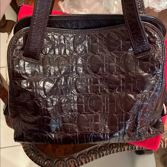 Carolina Herrera chocolate Brown Leather Bag monogram purse tote - Picture 10 of 10